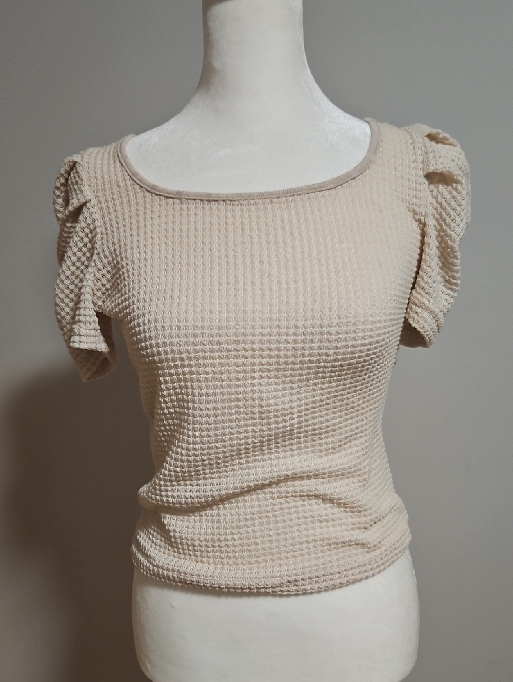 SHEIN Cream Waffle Knit Puff-Sleeve Square Neck Top